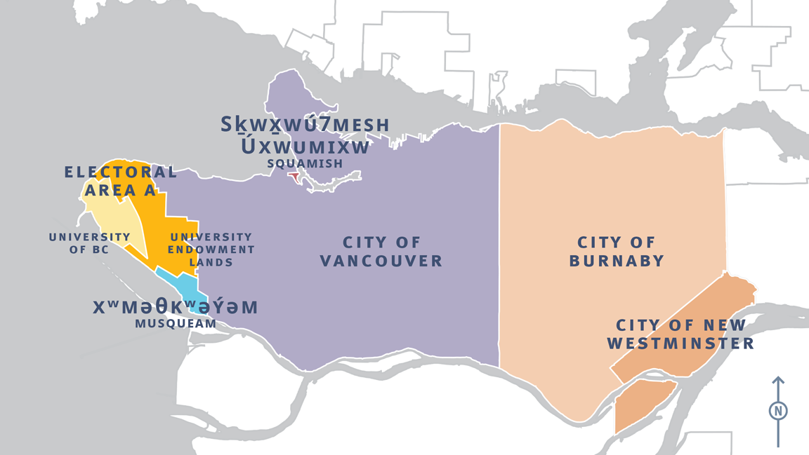 map of the burrard peninsula study area, including Vancouver, Burnaby, New Westminster, UBC, Musqueam and Squamish First Nations
